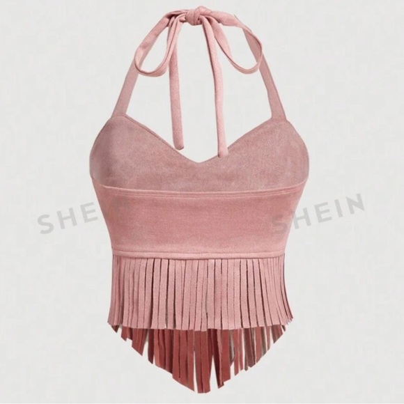 SHEIN MOD Retro Pink Suede Halter Top with Tassels - Picture 2 of 2
